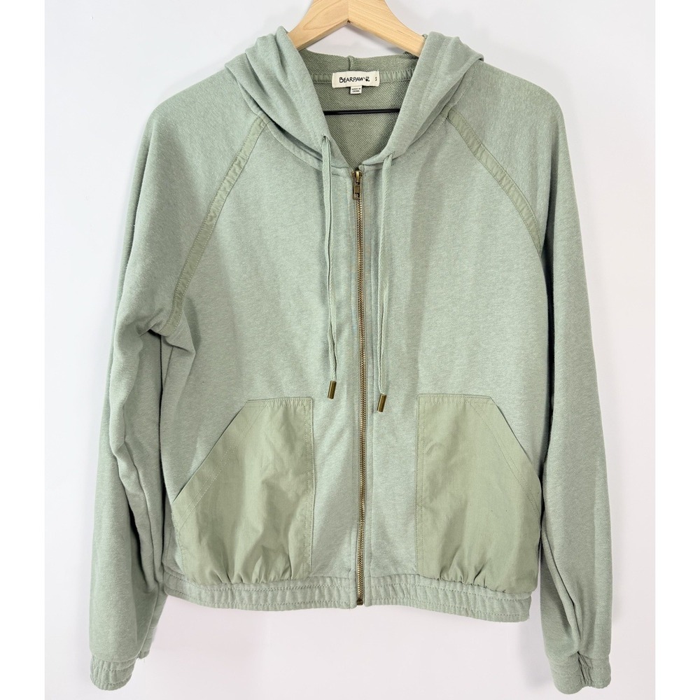 Bearpaw Vintage‎ Look Zip Hoodie Sage Green NWT S Distressed Hem Jacket